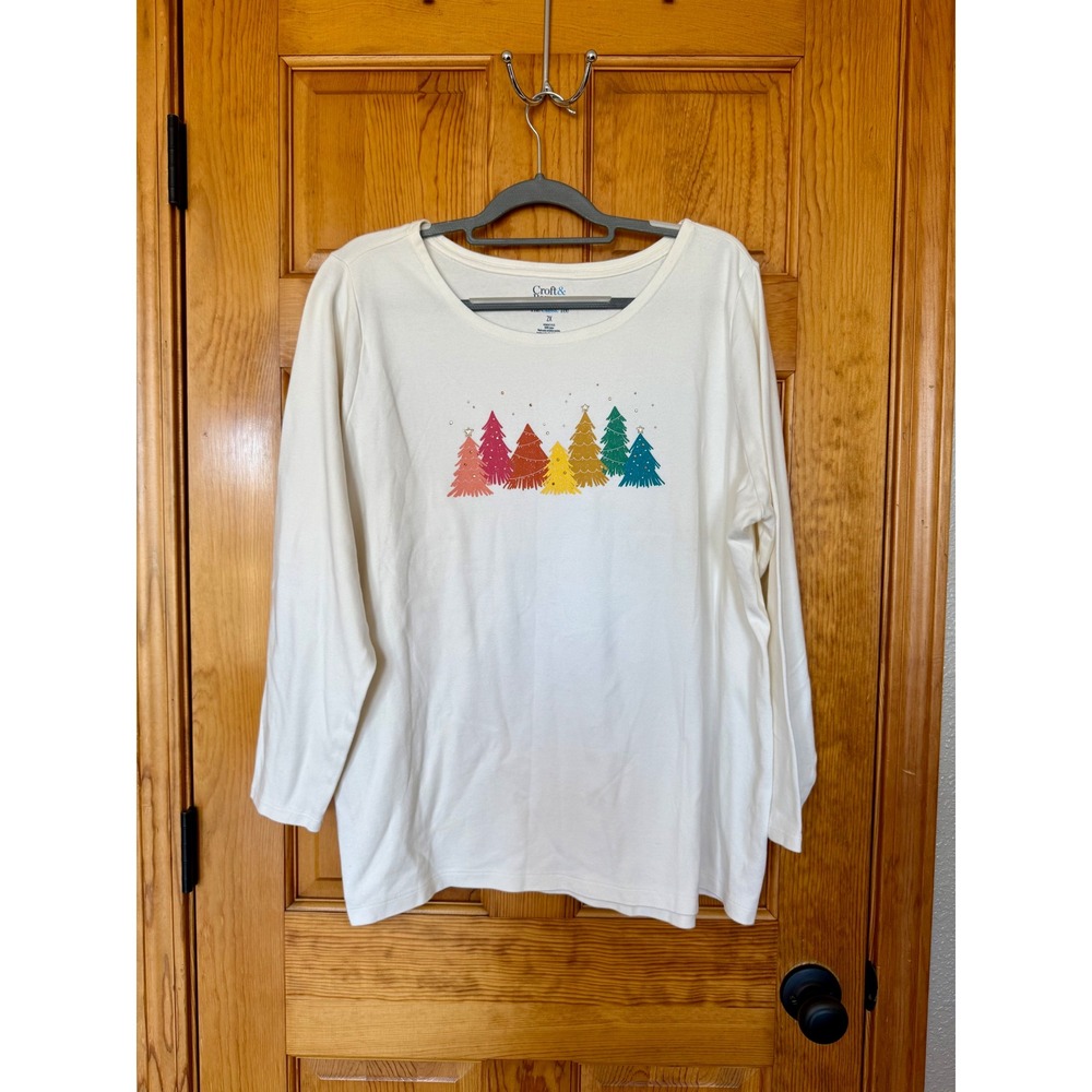 Croft & Barrow Classic Tee Women's Plus 2X Cream Long Sleeve Christmas Trees